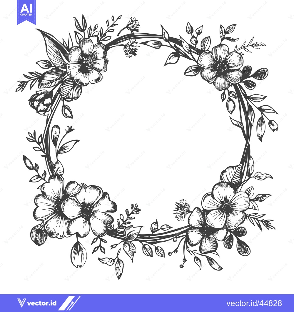 Premium Vector of Hand-Drawn Floral Wreath with Delicate Flowers and Leaves