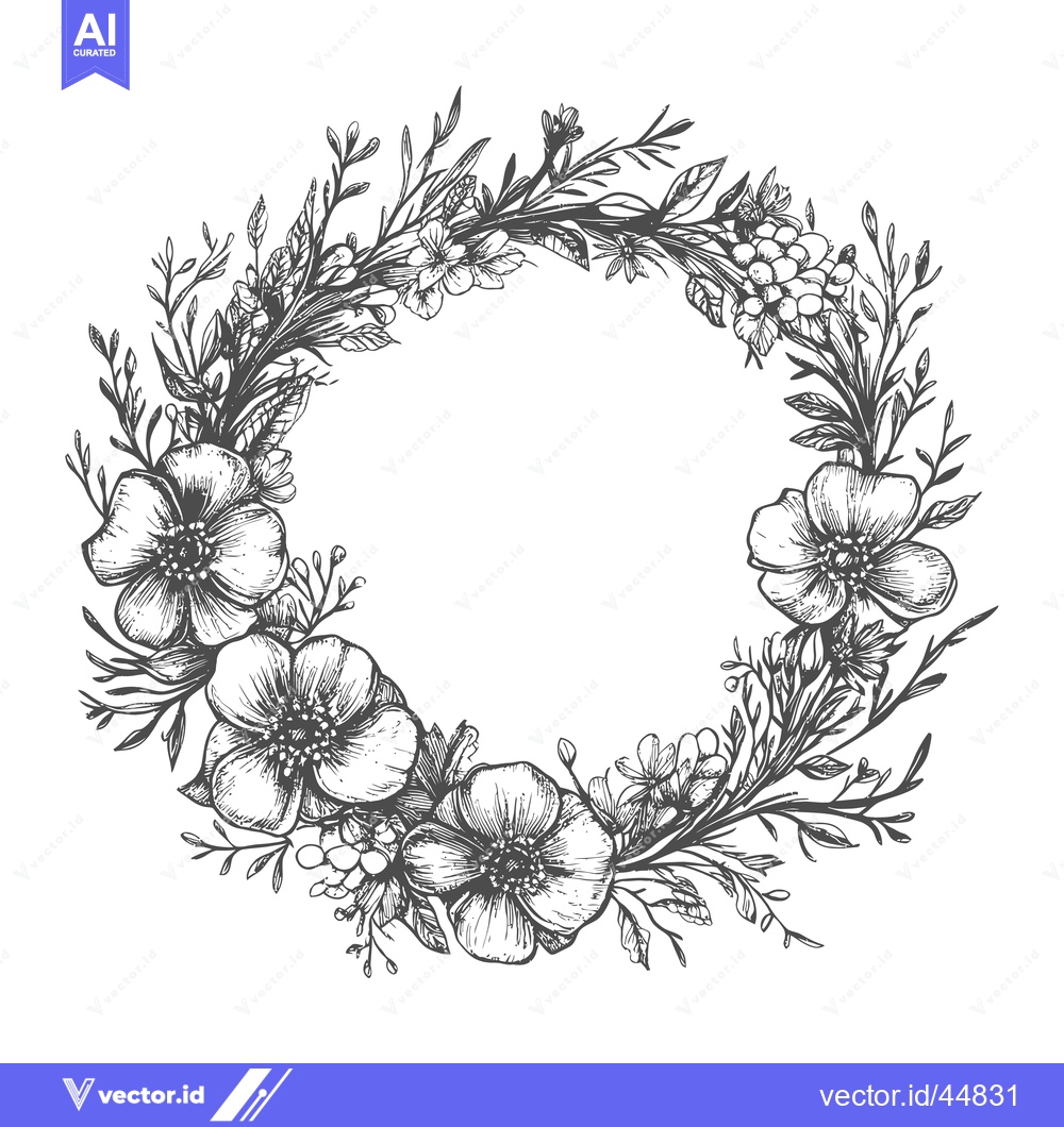 Premium Vector of Hand-Drawn Floral Wreath with Delicate Flowers and Leaves