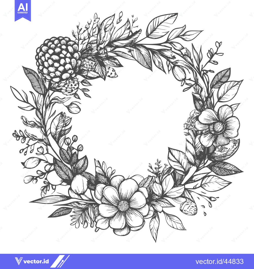 Premium Vector of Hand-Drawn Floral Wreath with Detailed Flowers and Leaves