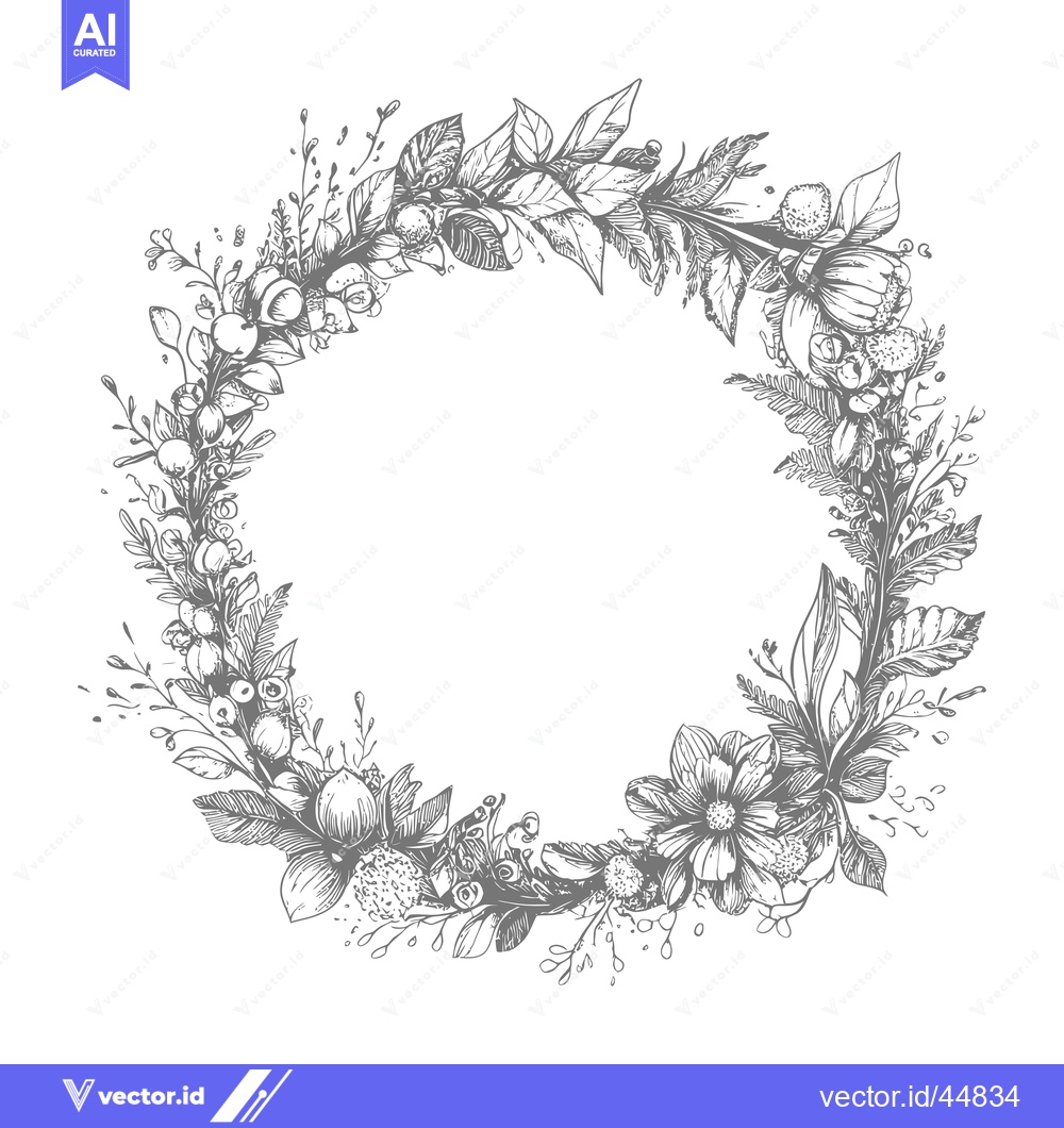 Premium Vector dari Hand-Drawn Floral Wreath with Detailed Leaves and Flowers