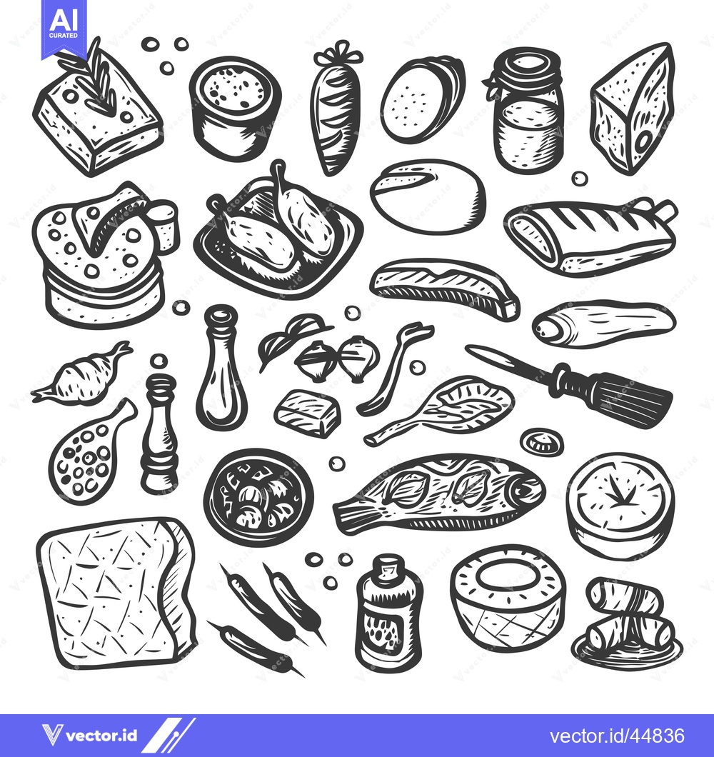 Premium Vector of Hand-drawn Food Sketch with Bread, Meat, Fish, and Vegetables