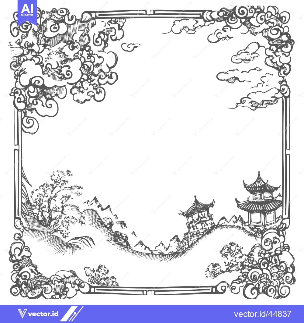 Premium Vector dari Hand-Drawn Frame with Chinese-Style Pagoda and Mountains
