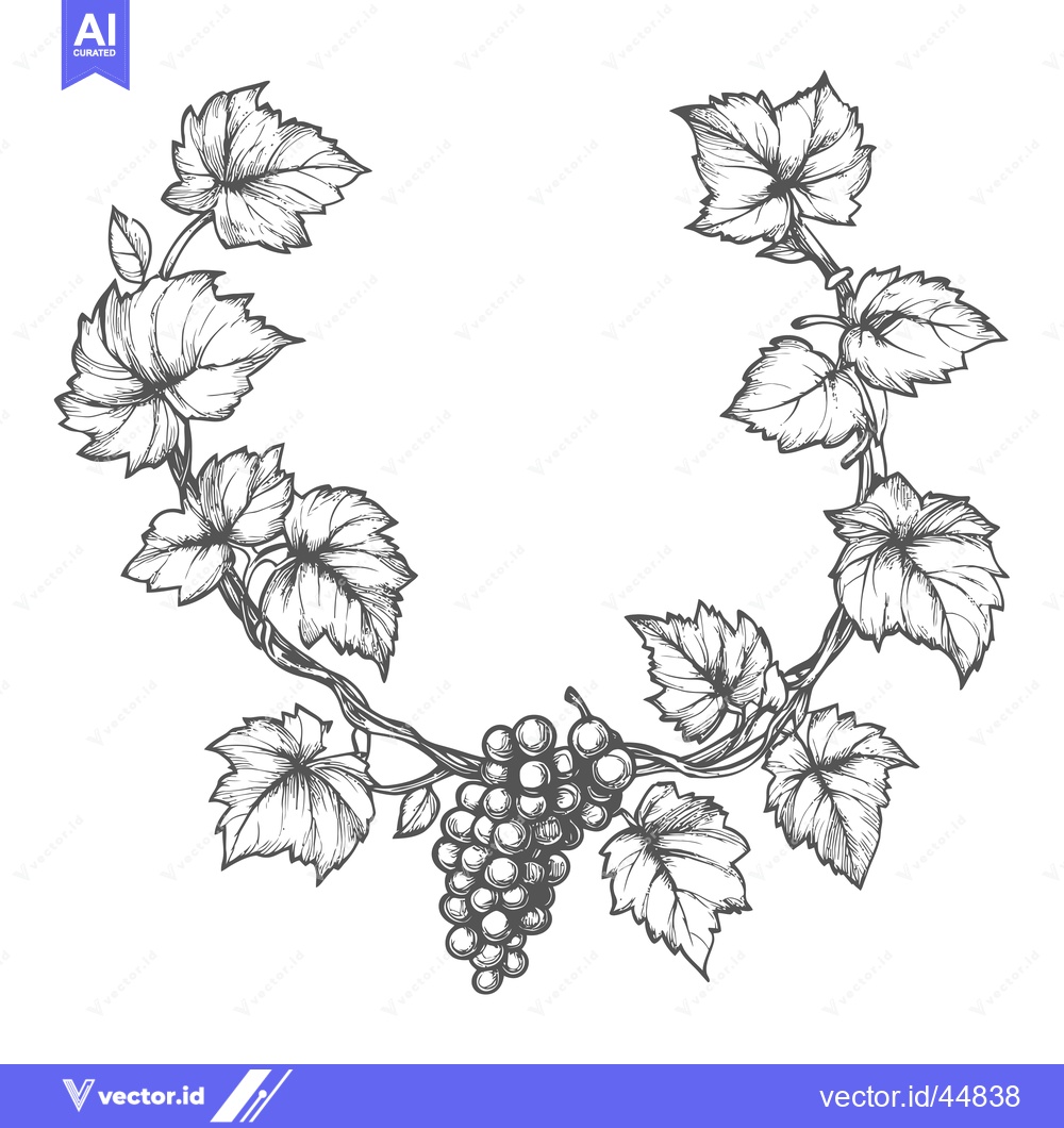 Premium Vector dari Hand-Drawn Grapevine with a Cluster of Grapes and Leaves