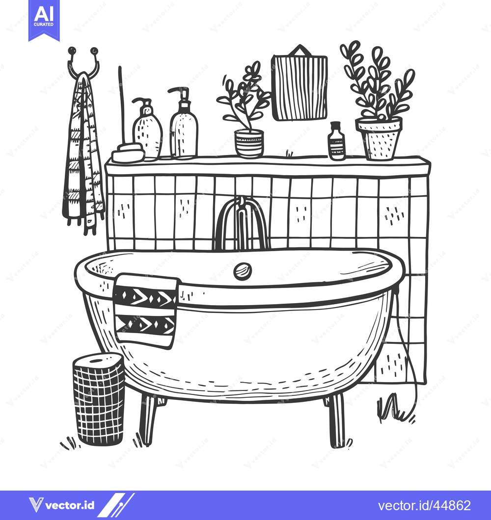 Premium Vector of Hand-Drawn Illustration of a Bathroom with a Bathtub, Plants, and Acce