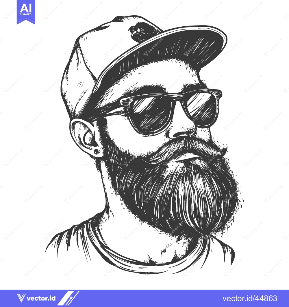 Premium Vector of Hand-drawn illustration of a bearded man wearing a cap and sunglasses