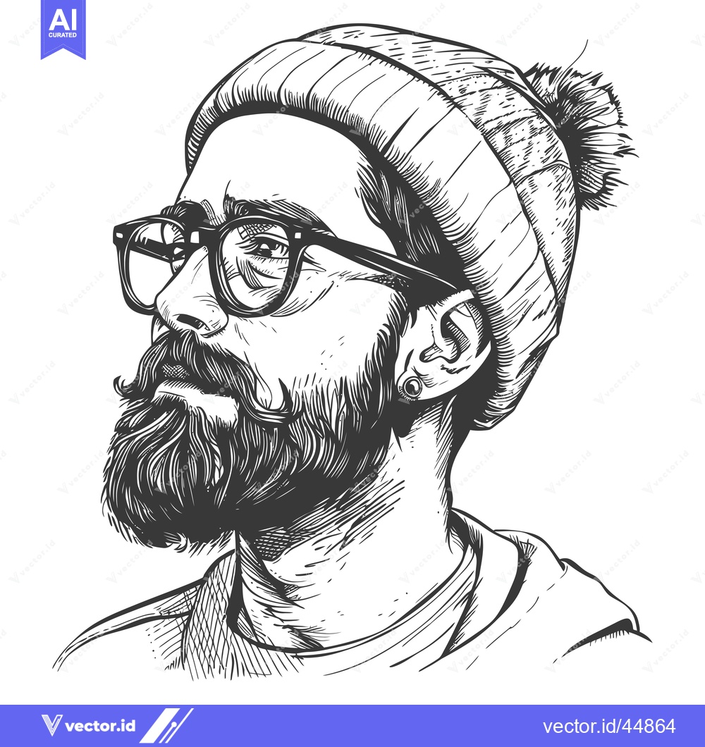 Premium Vector dari Hand-drawn Illustration of a Bearded Man Wearing a Knitted Hat and Gla