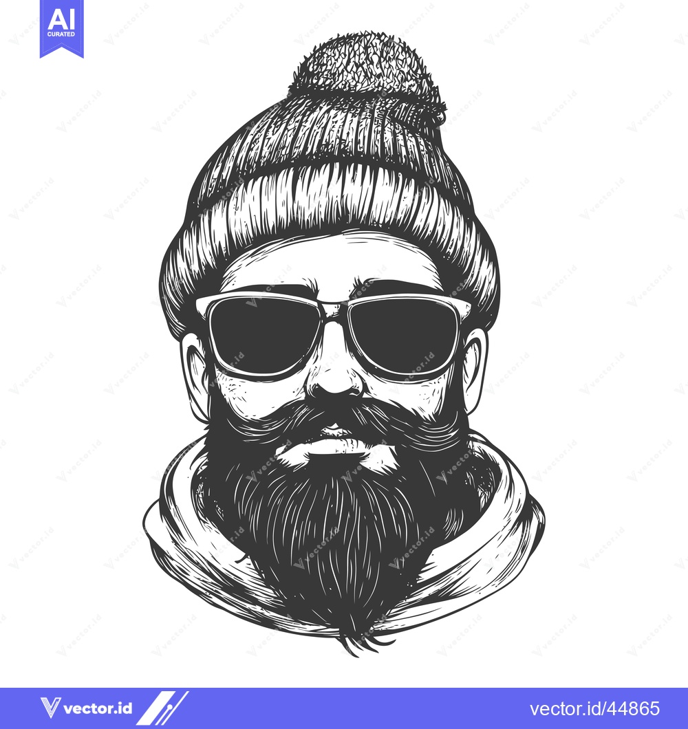 Premium Vector dari Hand-drawn illustration of a bearded man wearing a knitted hat and sun
