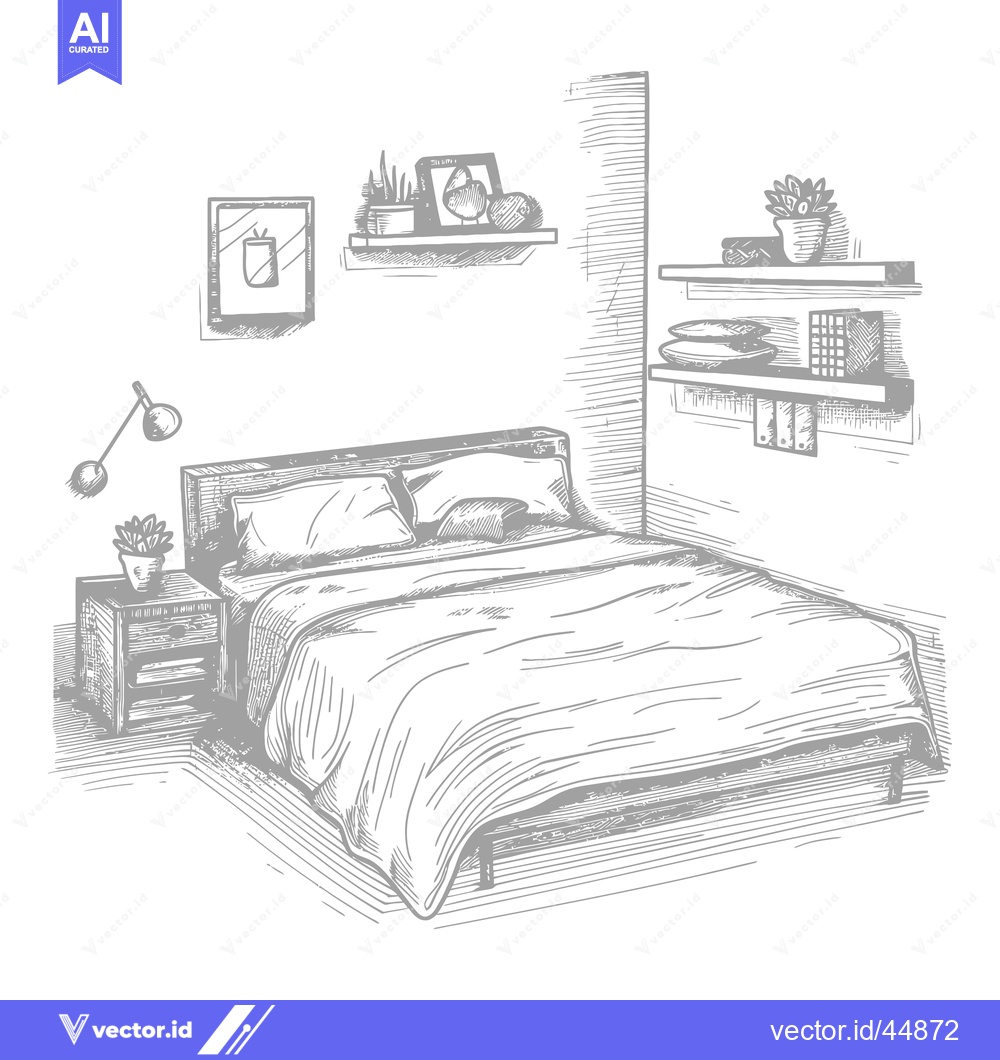 Premium Vector dari Hand-drawn illustration of a bedroom with a bed, bedside table, and sh