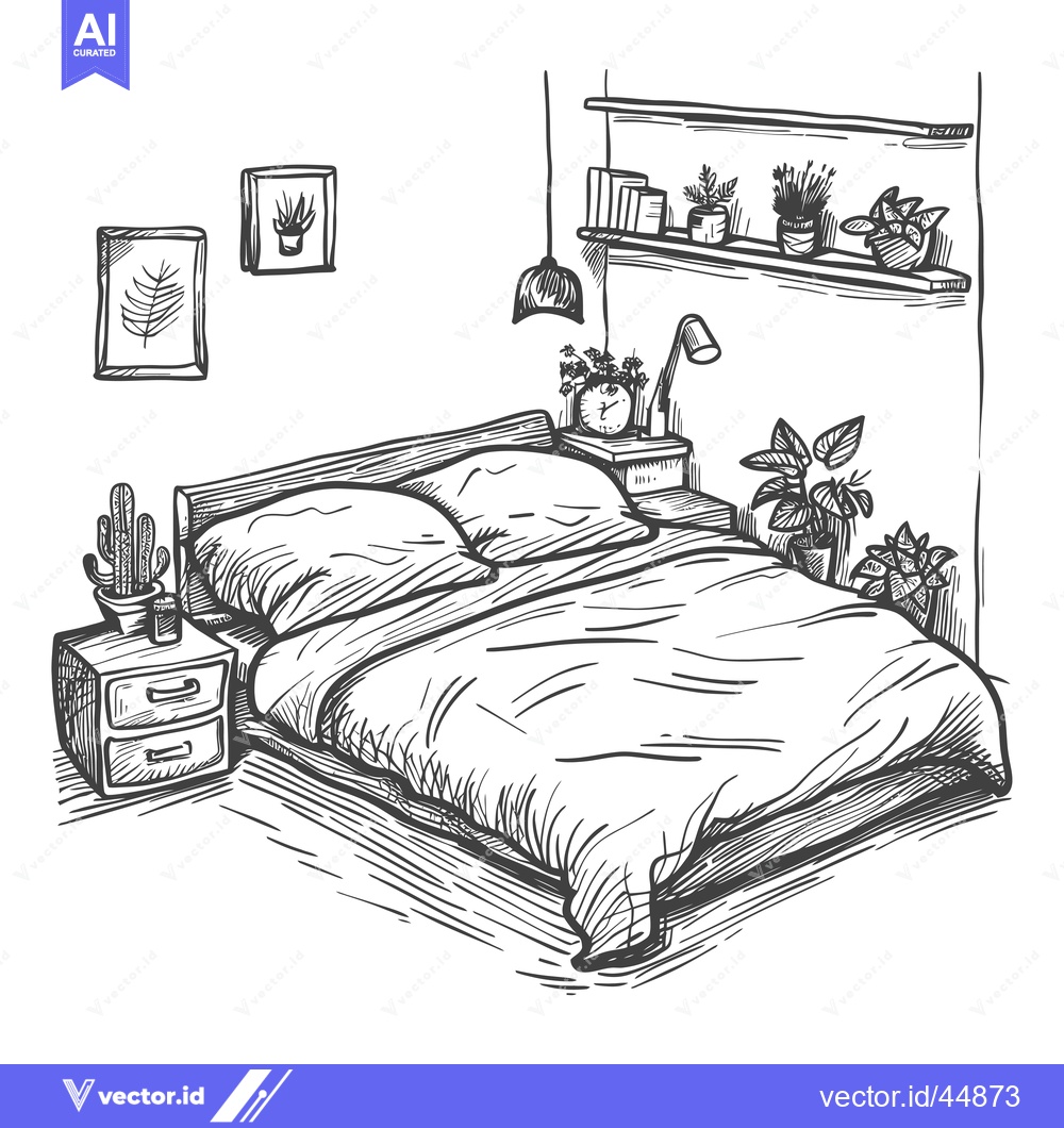 Premium Vector of Hand-drawn illustration of a bed with nightstand, lamp, and plants