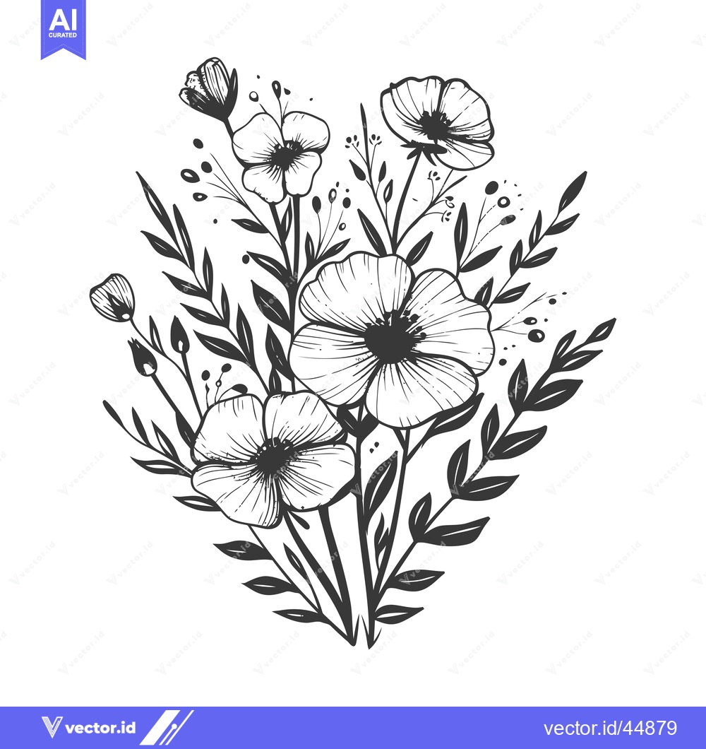 Premium Vector of Hand-Drawn Illustration of a Black and White Floral Bouquet