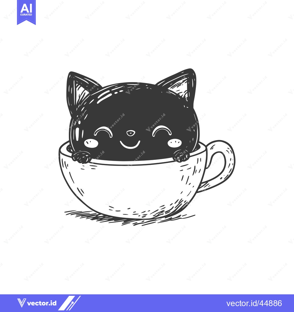 Premium Vector dari Hand-drawn Illustration of a Black Cat in a Teacup