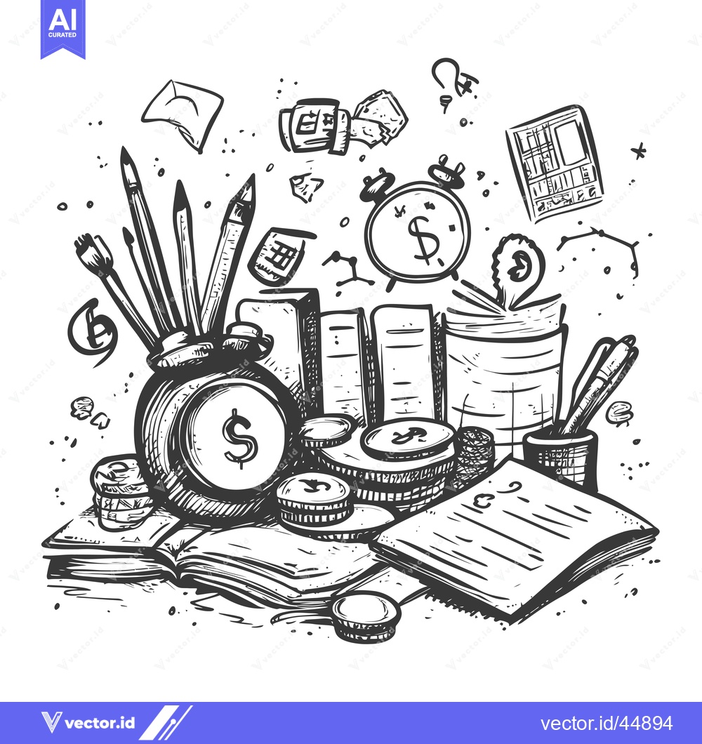 Premium Vector of Hand-Drawn Illustration of a Book, Pens, Coins, and an Alarm Clock wit