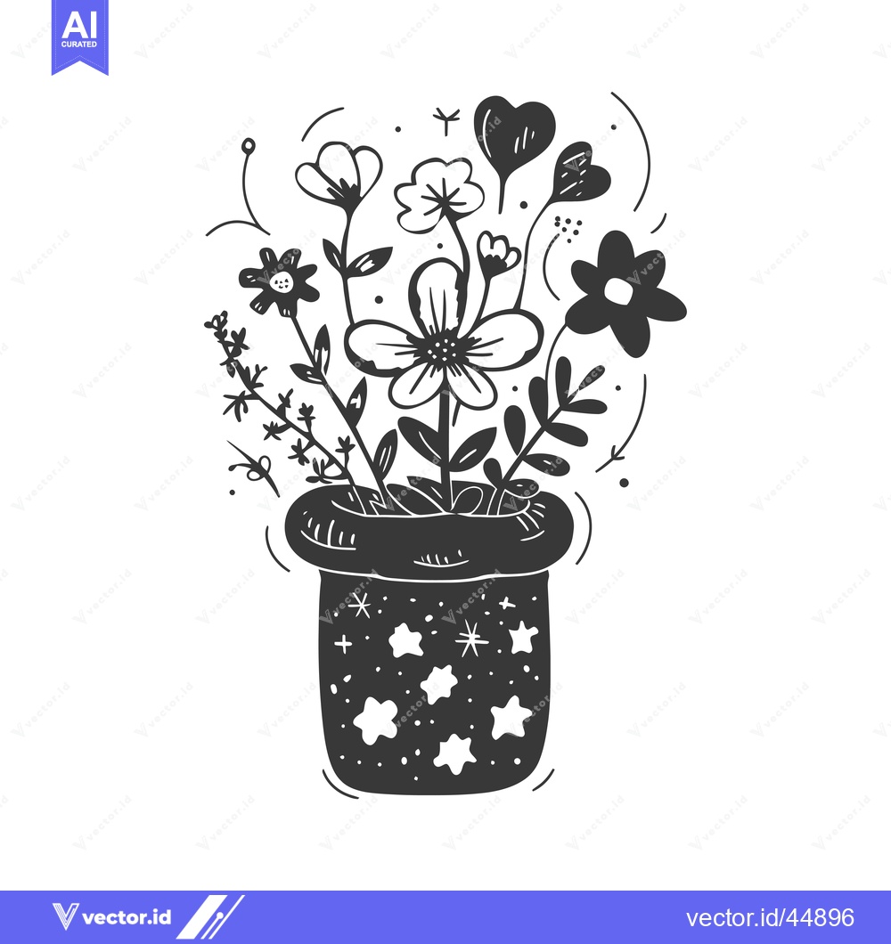 Premium Vector dari Hand-drawn illustration of a bouquet of flowers in a starry pot