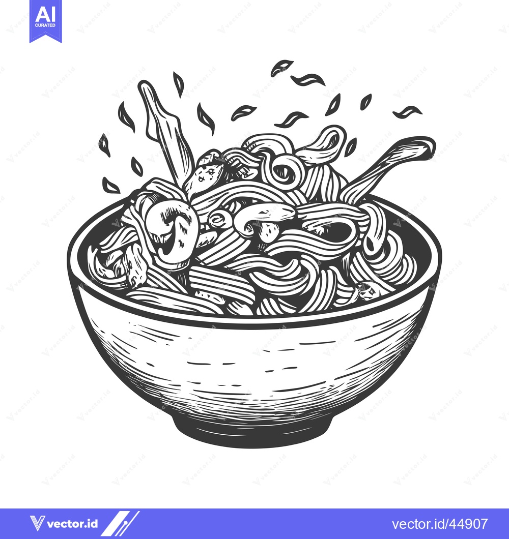 Premium Vector dari Hand-Drawn Illustration of a Bowl of Noodles with Mushrooms and Chopst