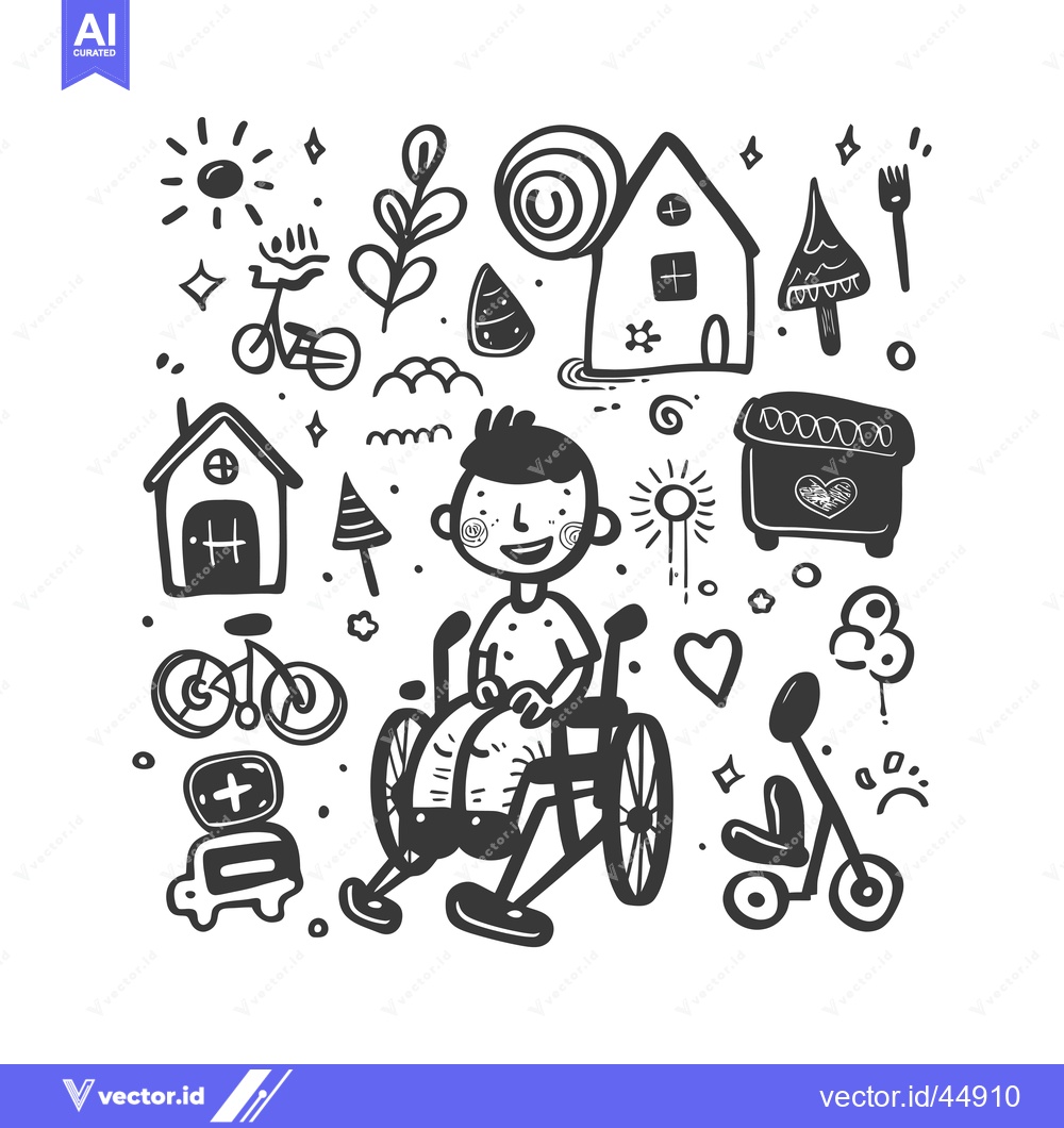 Premium Vector of Hand-drawn illustration of a boy in a wheelchair with various objects