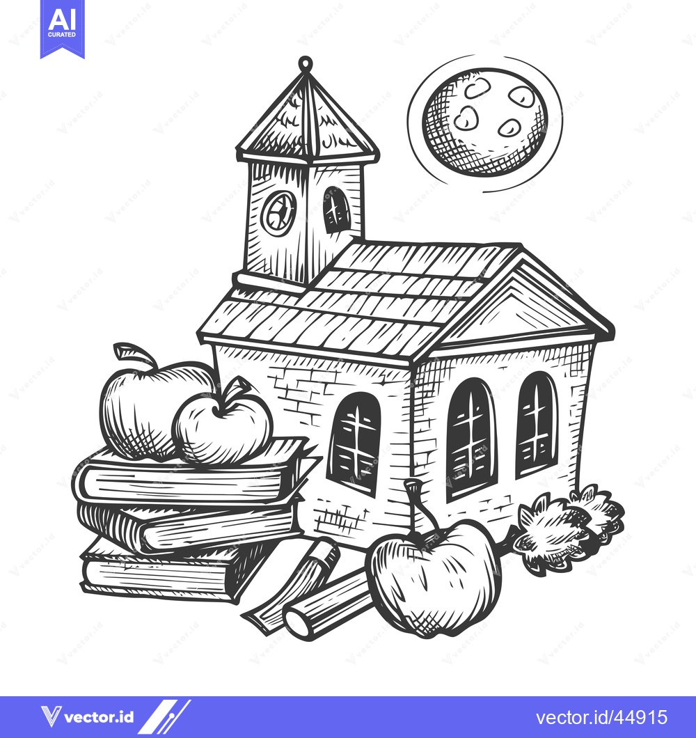 Premium Vector dari Hand-drawn illustration of a brick building with a bell tower, apples,