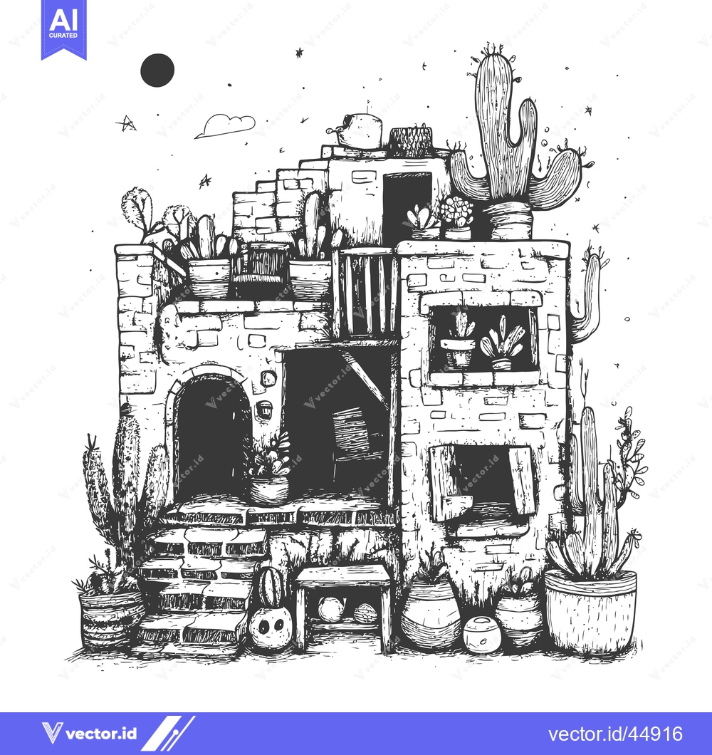 Premium Vector dari Hand-Drawn Illustration of a Brick Building with Cactus Plants and a M