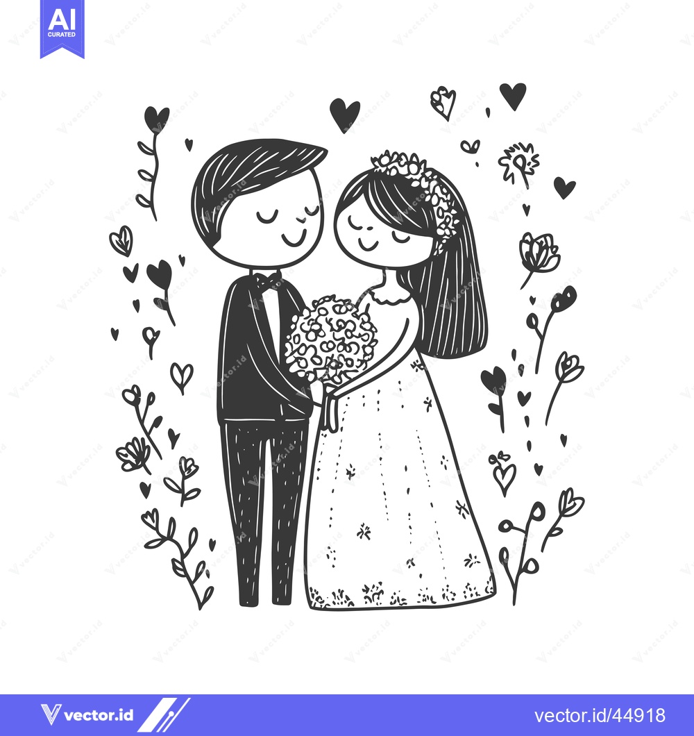 Premium Vector dari Hand-drawn Illustration of a Bride and Groom with Flowers and Hearts