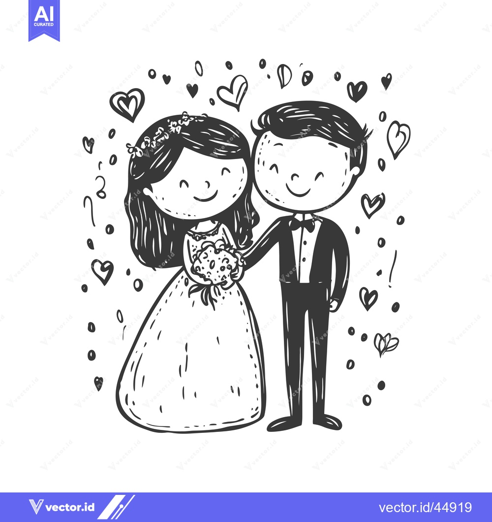 Premium Vector dari Hand-drawn Illustration of a Bride and Groom with Hearts