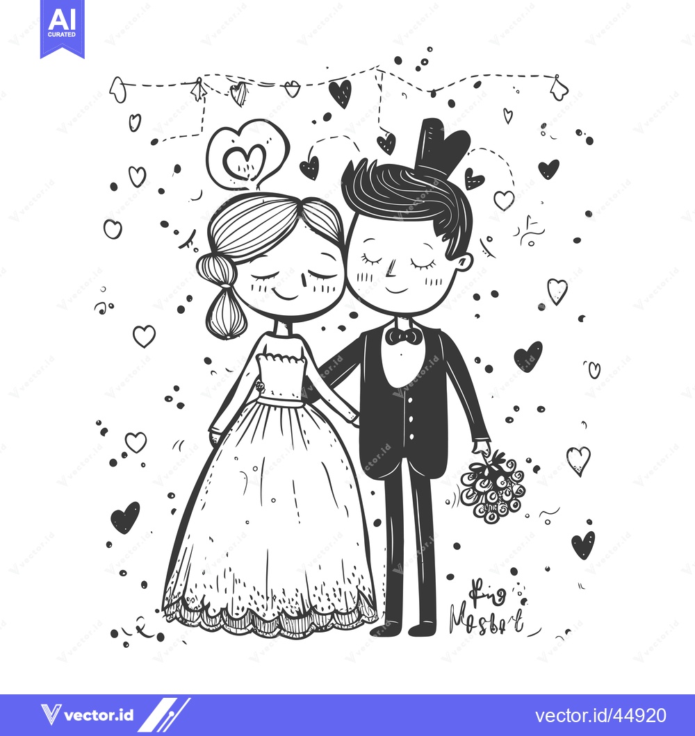 Premium Vector dari Hand-drawn illustration of a bride and groom with hearts and flowers