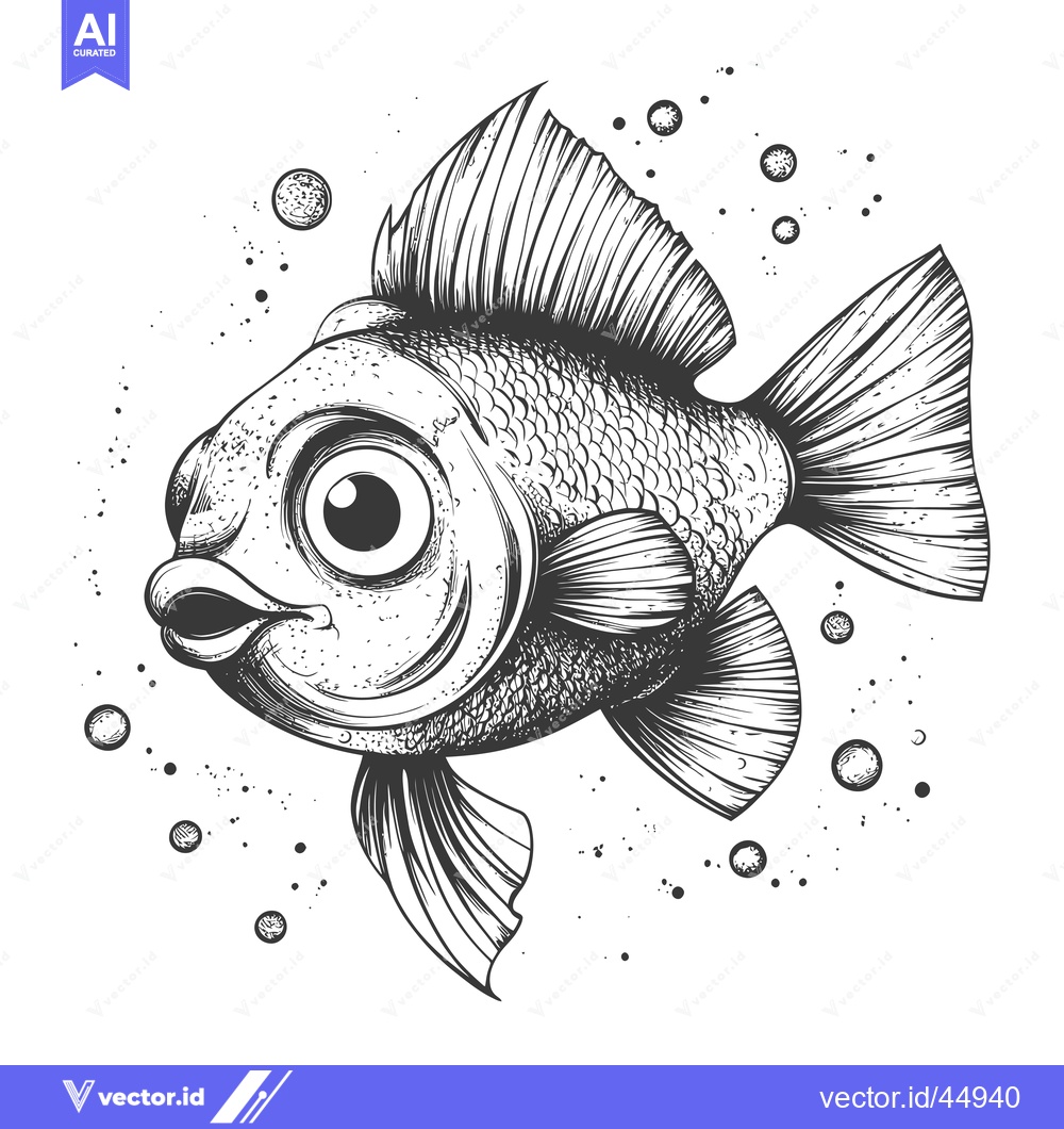 Premium Vector of Hand-drawn Illustration of a Cartoon Fish with Big Eyes and Bubbles