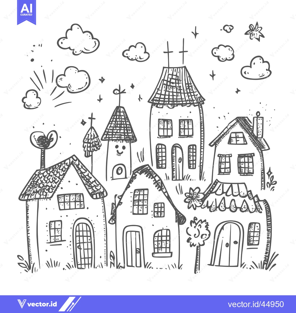Premium Vector dari Hand-drawn Illustration of a Cartoon Village with Houses and a Church