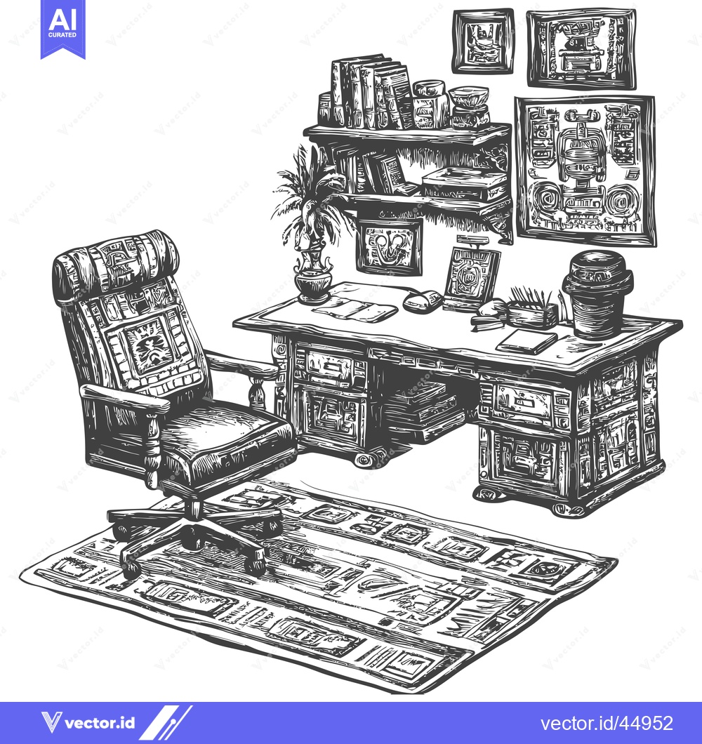 Premium Vector of Hand-Drawn Illustration of a Carved Wooden Desk and Chair