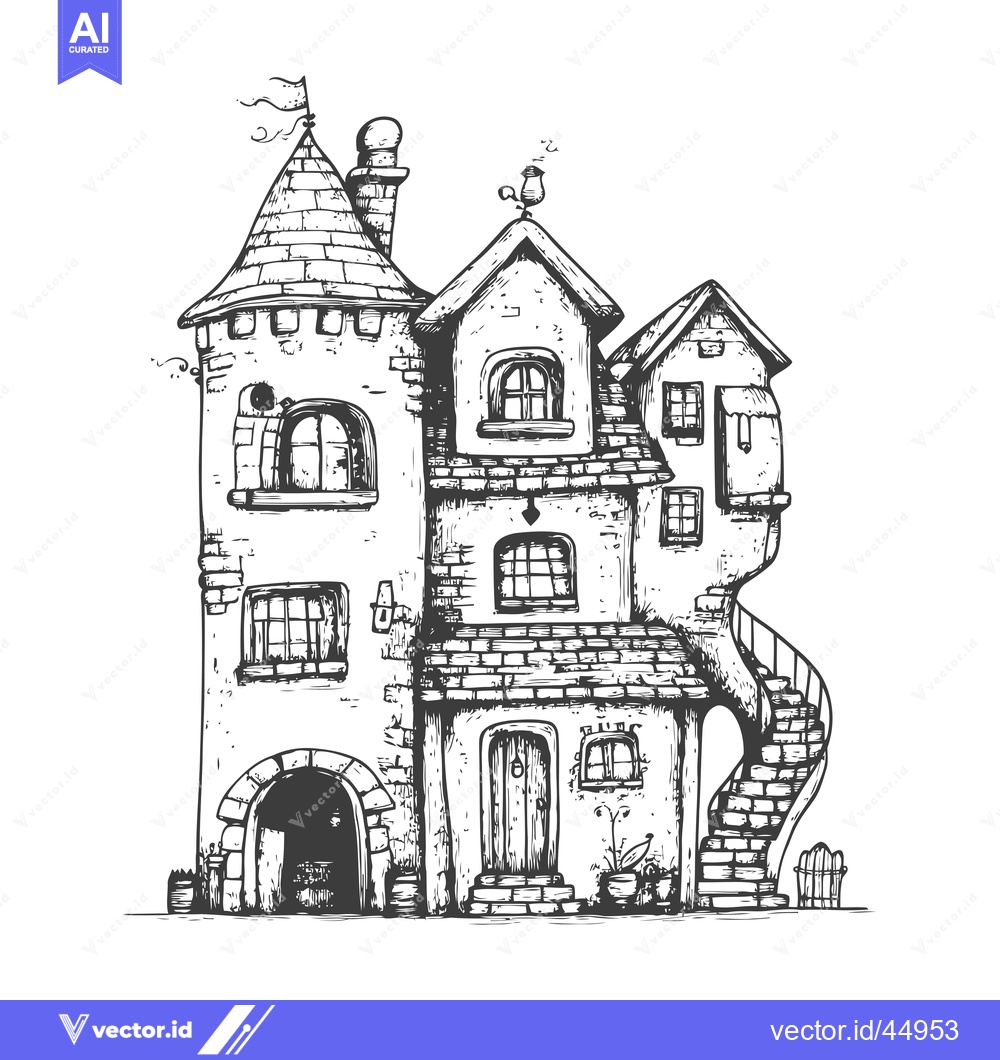 Premium Vector of Hand-drawn Illustration of a  Charming Old Stone House with a Tower an