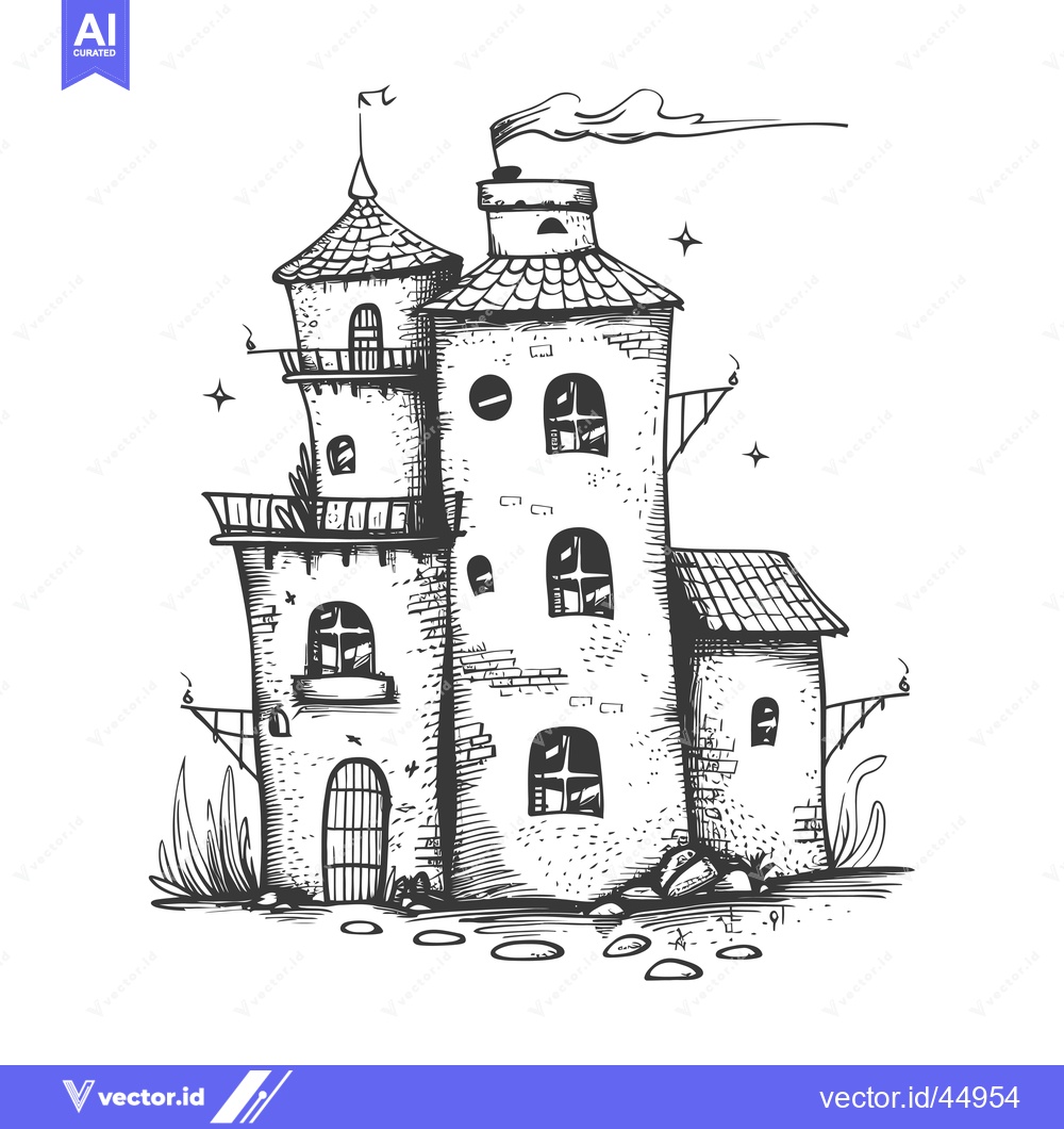 Premium Vector of Hand-drawn Illustration of a Charming Old Stone Tower House with Smoke
