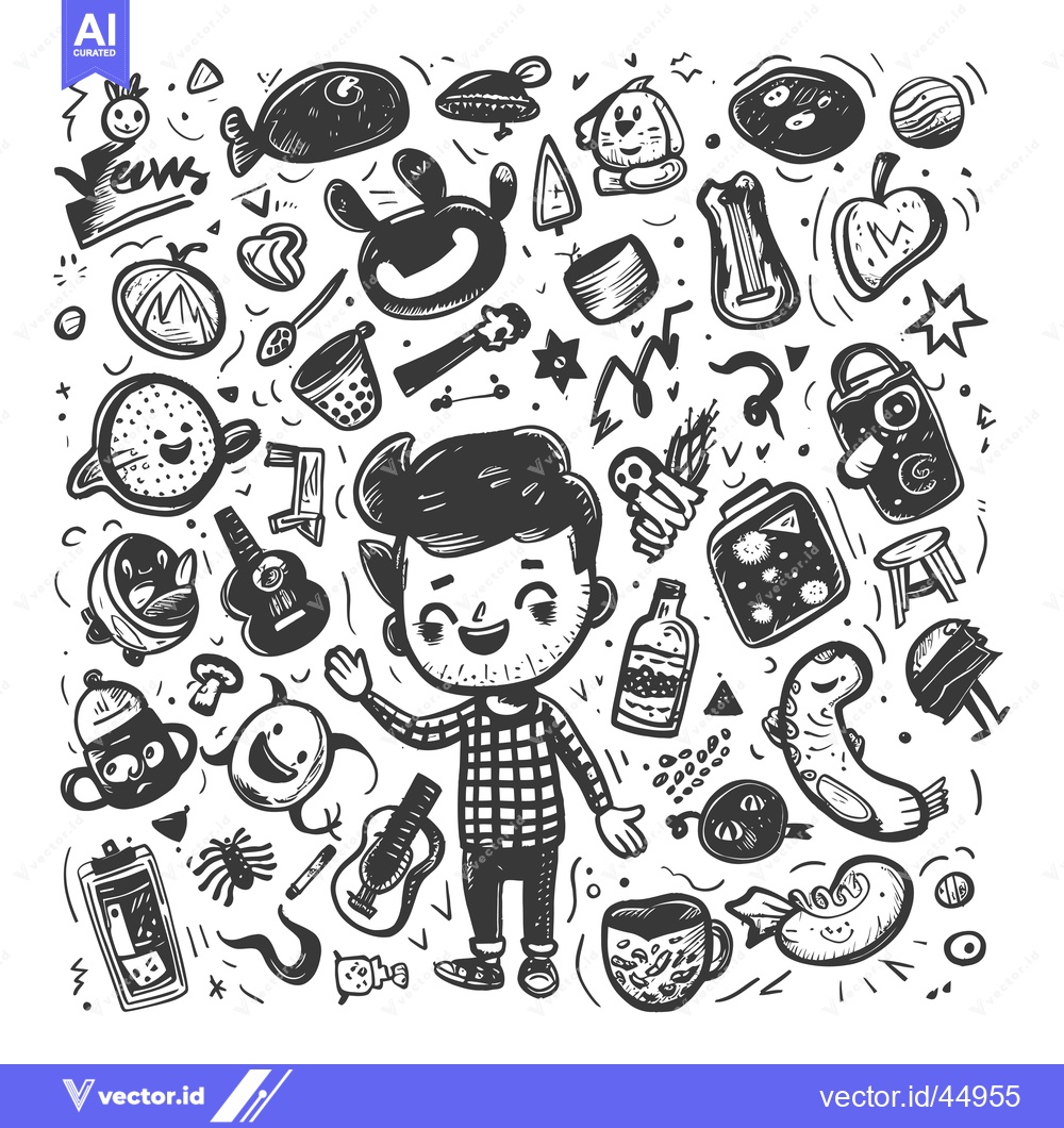 Premium Vector dari Hand-drawn illustration of a cheerful cartoon character surrounded by