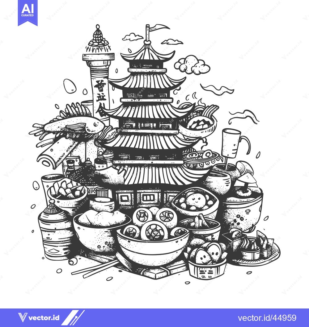 Premium Vector of Hand-drawn illustration of a Chinese pagoda with surrounding food and