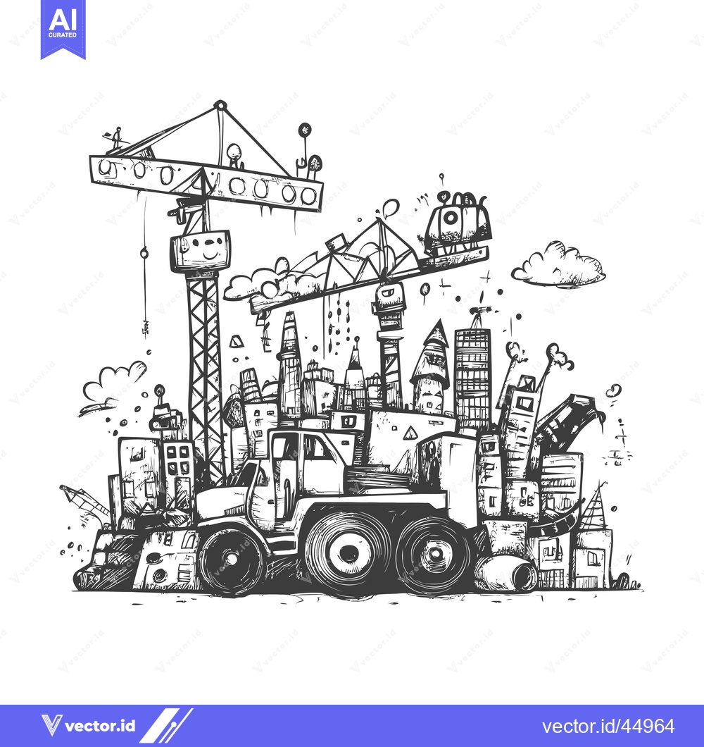 Premium Vector dari Hand-drawn Illustration of a Cityscape with Construction Vehicles and