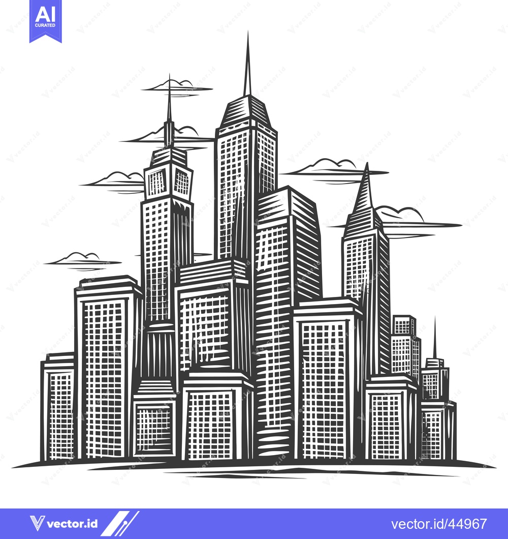 Premium Vector dari Hand-drawn Illustration of a Cityscape with Skyscrapers and Clouds