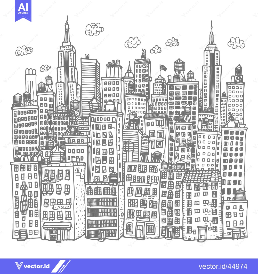 Premium Vector dari Hand-drawn illustration of a city skyline with various buildings and w
