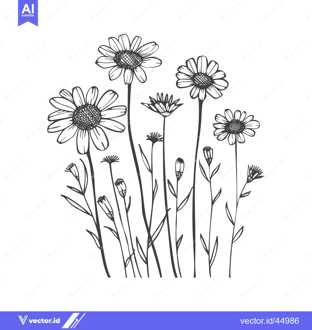 Premium Vector dari Hand-drawn illustration of a cluster of daisies with stems and leaves