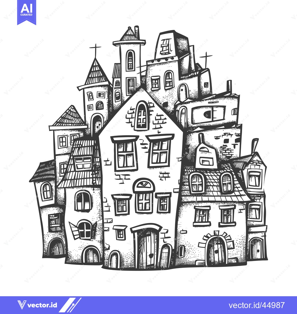 Premium Vector dari Hand-drawn illustration of a cluster of old buildings with intricate d