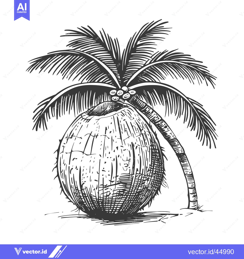 Premium Vector of Hand-Drawn Illustration of a Coconut Palm Tree with a Large Coconut