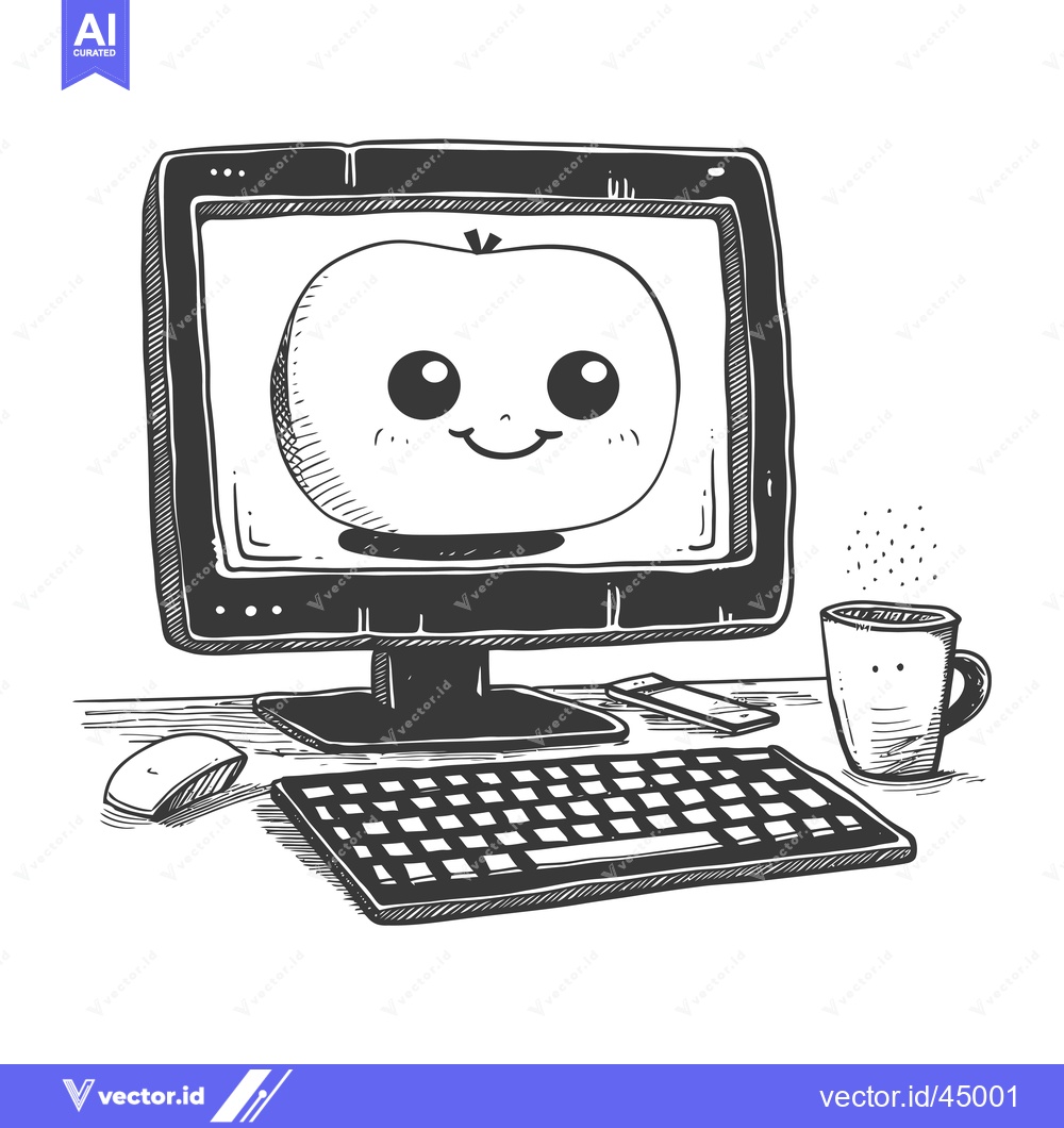 Premium Vector dari Hand-Drawn Illustration of a Computer with a Smiling Apple on the Scre