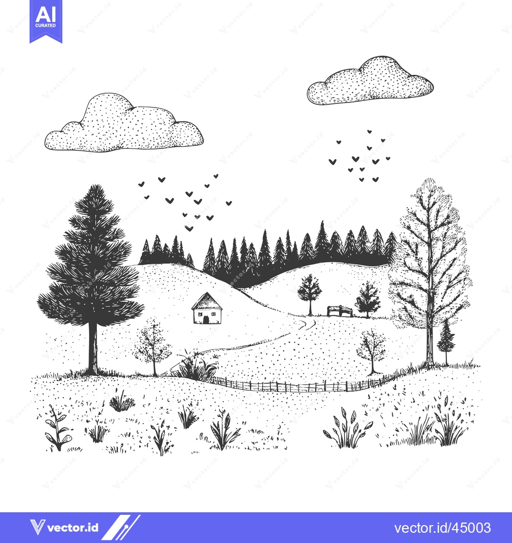 Premium Vector of Hand-Drawn Illustration of a Countryside Landscape with a Small House