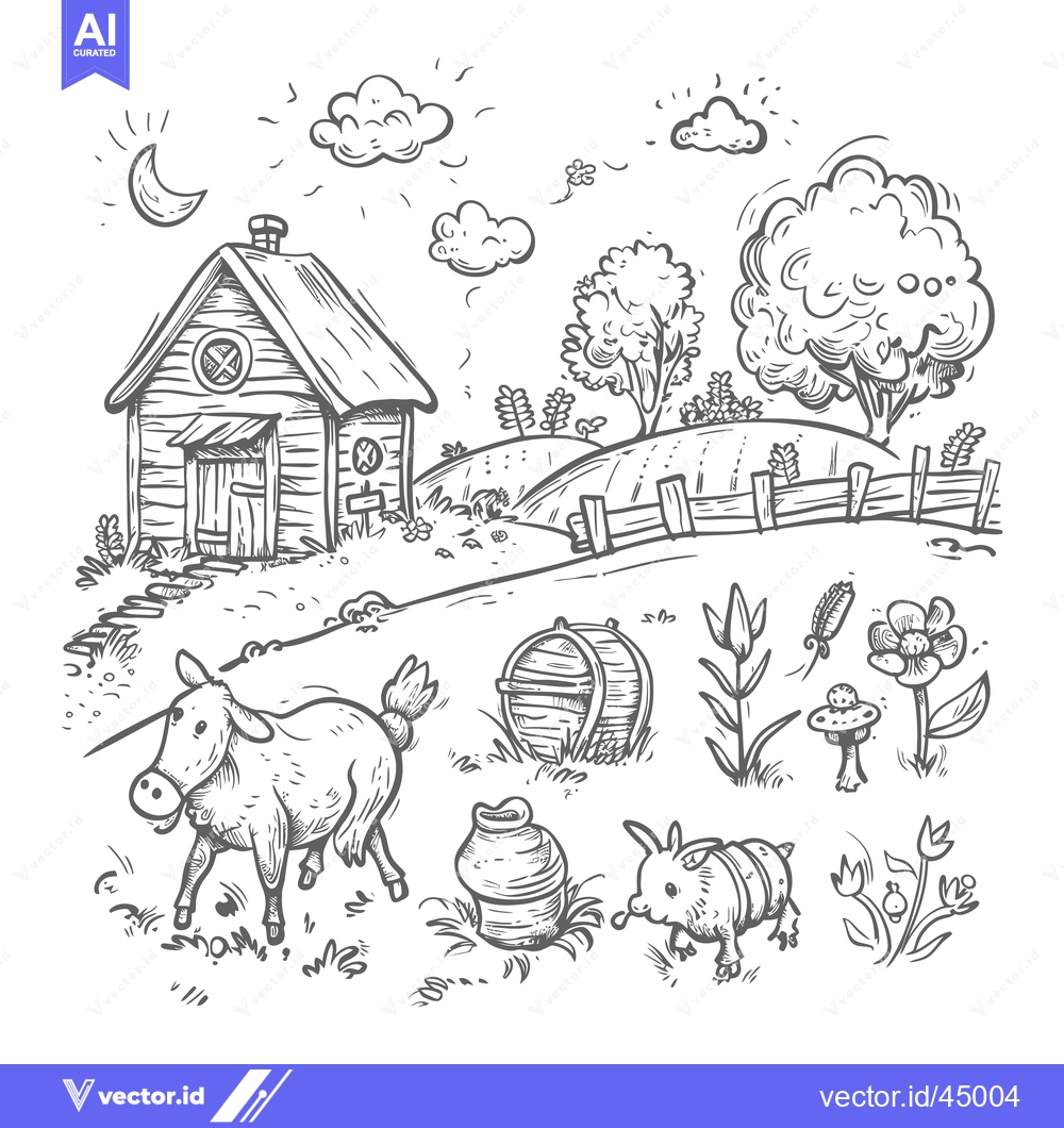 Premium Vector dari Hand-drawn illustration of a countryside scene with a farmhouse, anima