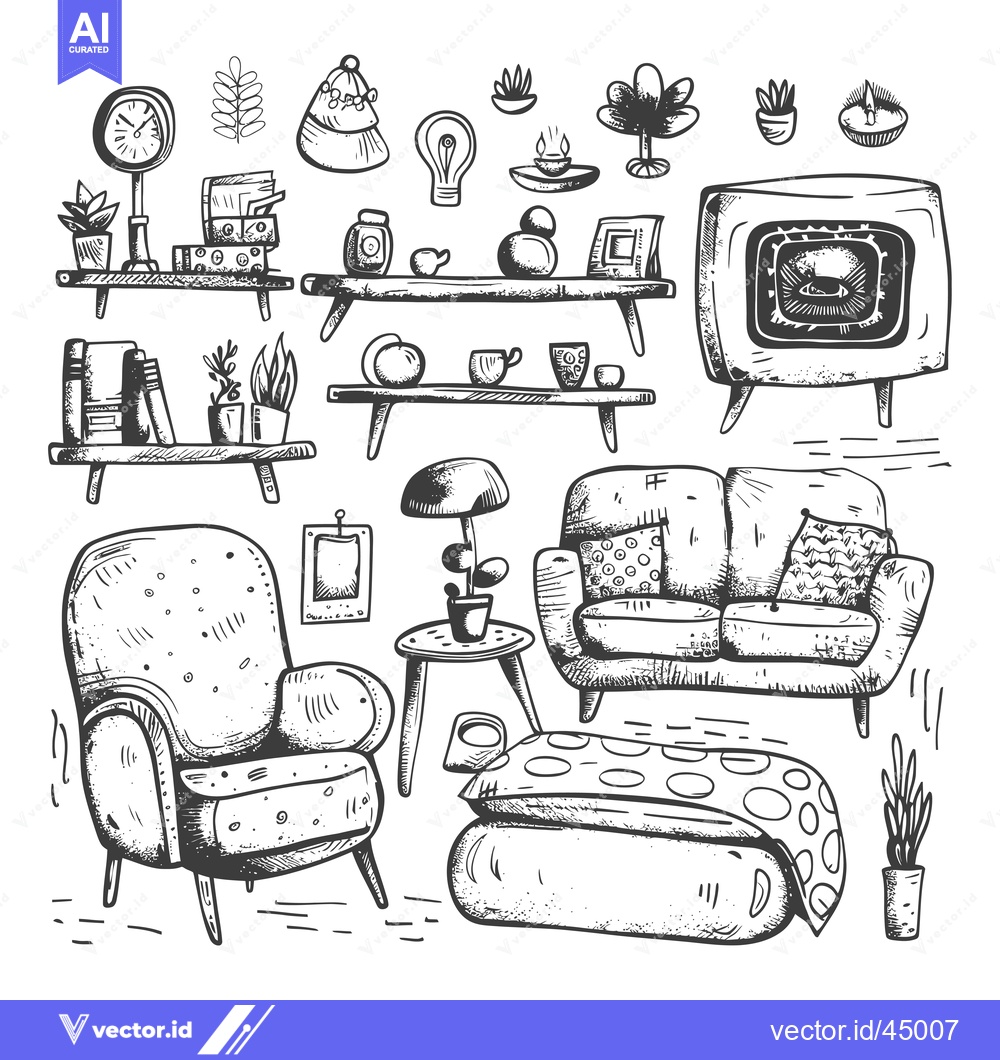 Premium Vector of Hand-Drawn Illustration of a Cozy Living Room with Furniture and Decor