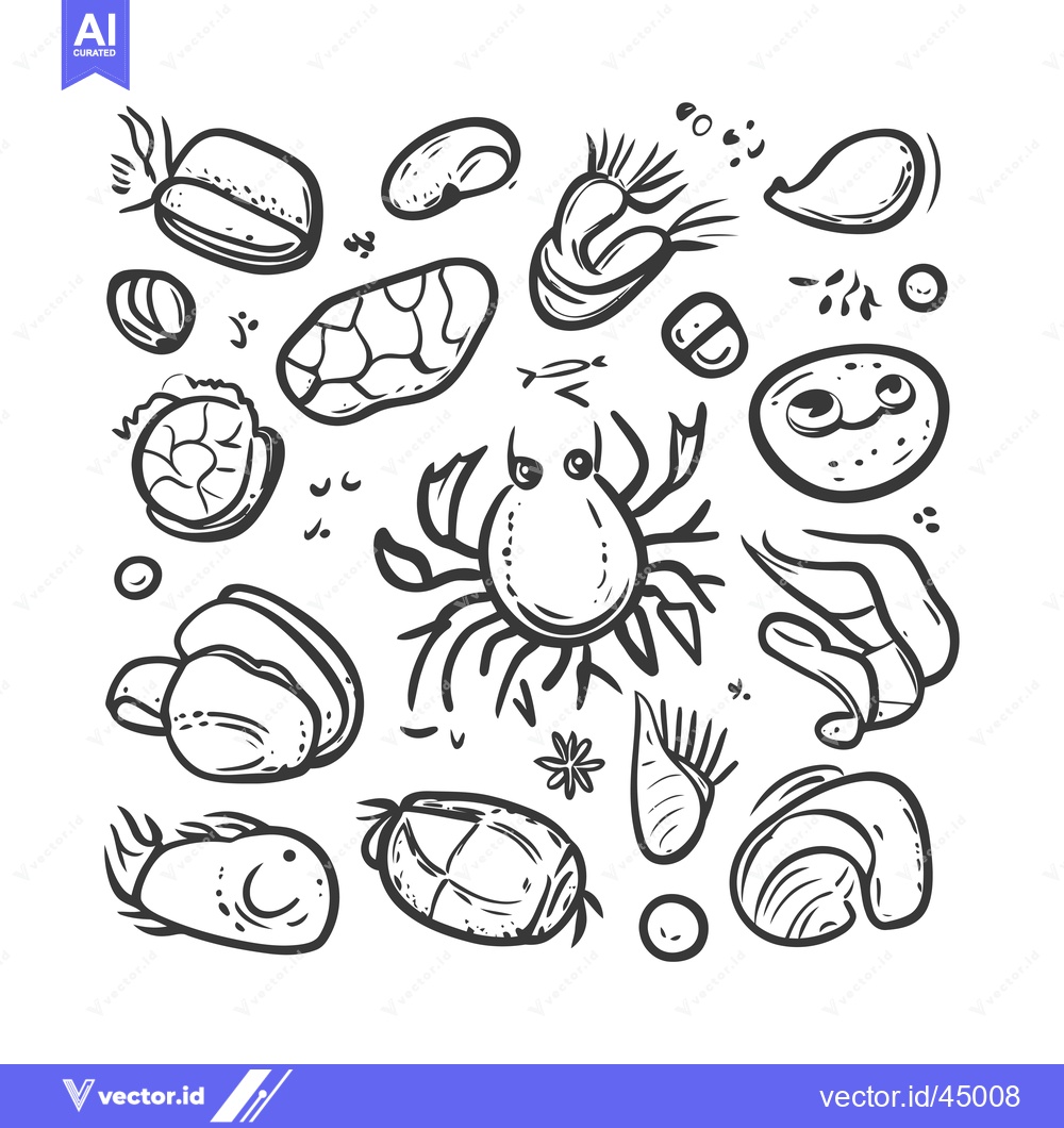 Premium Vector dari Hand-Drawn Illustration of a Crab and Various Sea Creatures