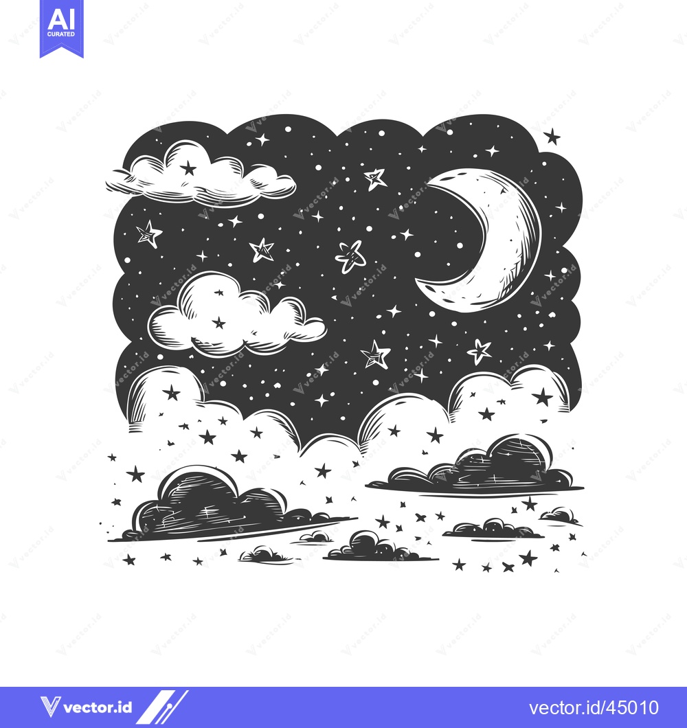 Premium Vector dari Hand-drawn illustration of a crescent moon, clouds, and stars in the n