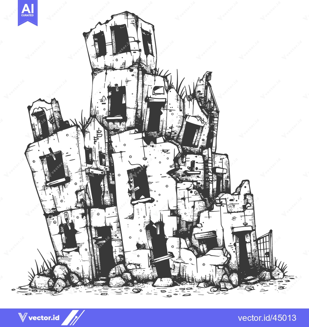 Premium Vector dari Hand-drawn illustration of a crumbling abandoned building