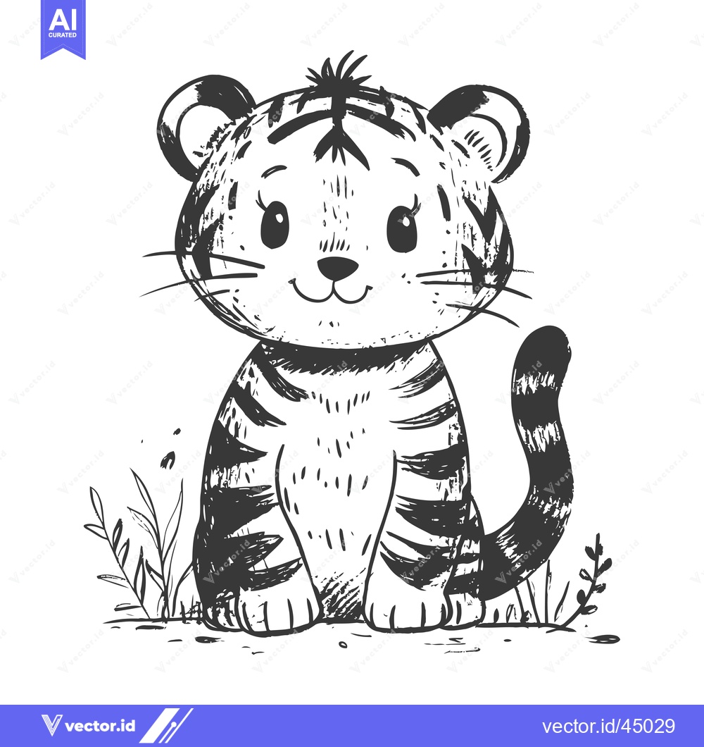 Premium Vector dari Hand-drawn illustration of a cute cartoon tiger with black and white s