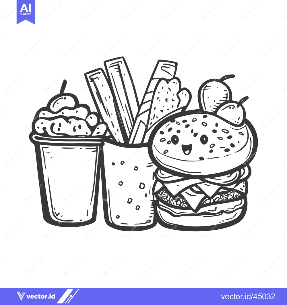 Premium Vector dari Hand-drawn Illustration of a Cute Hamburger, French Fries, and a Cup o