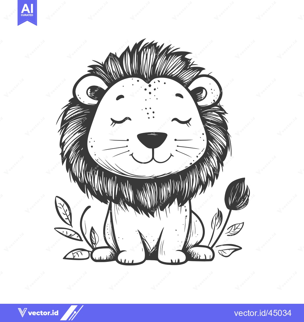 Premium Vector of Hand-Drawn Illustration of a Cute Lion with Closed Eyes Sitting Amidst