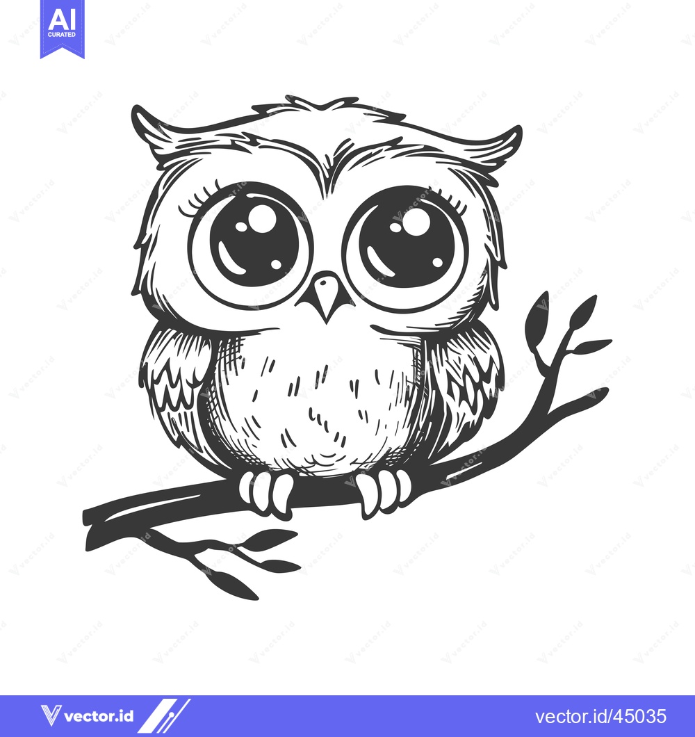 Premium Vector dari Hand-drawn illustration of a cute owl with big eyes perched on a branc