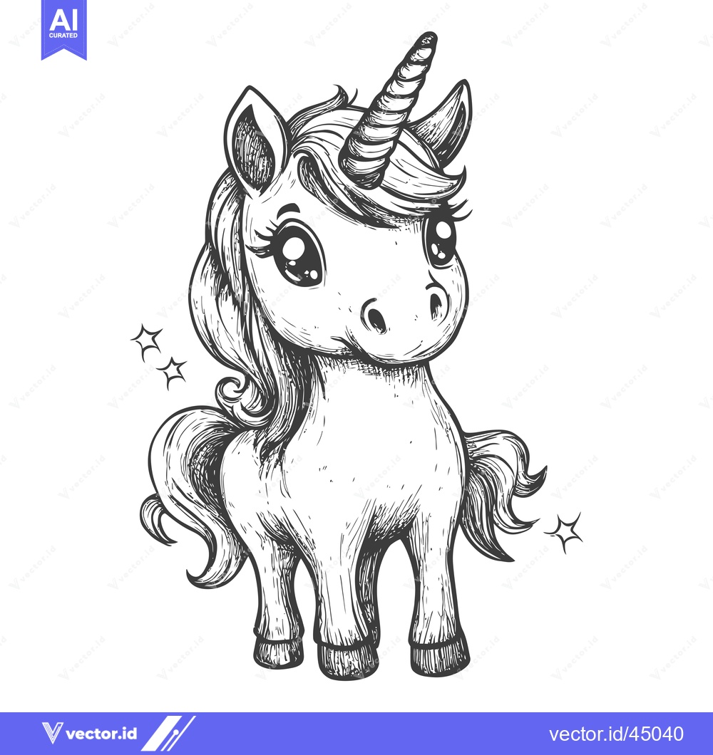 Premium Vector dari Hand-Drawn Illustration of a Cute Unicorn with a Spiral Horn and Large