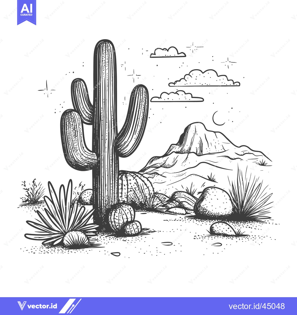 Premium Vector of Hand-Drawn Illustration of a Desert Landscape with Cacti and Mountains